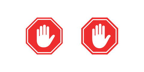 Obraz premium Stop sign hand icon set with red octagon background and white palm gesture for warning signal symbol isolated on white background for safety navigation