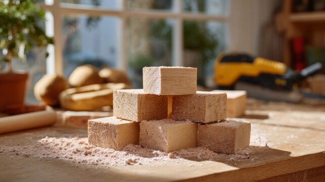 A stack of wooden blocks on a workbench, surrounded by sawdust with tools in the background, creating a warm and productive atmosphere.