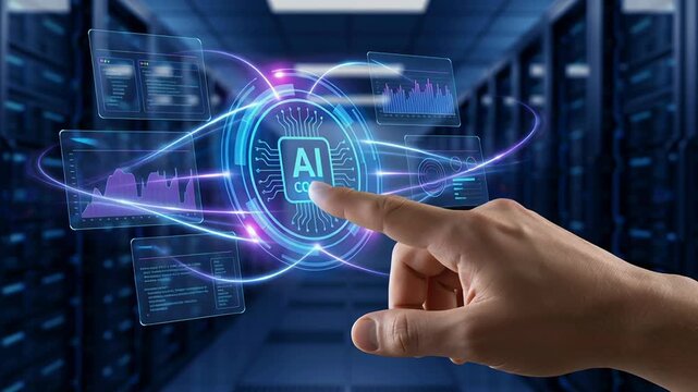 AI integration system with cloud core API for autonomous task management in SaaS development digital interface futuristic hand interaction data center technology innovative solutions