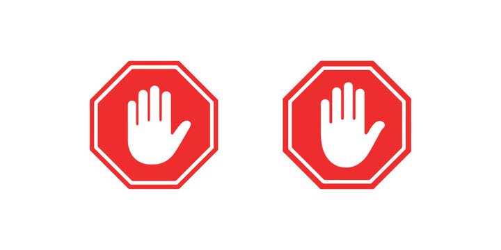 Stop sign hand icon set with red octagon background and white palm gesture for warning signal symbol isolated on white background for safety navigation