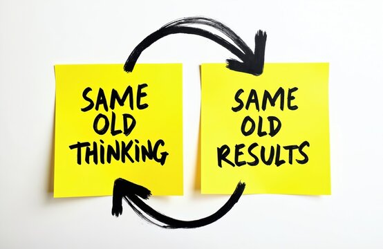 Two yellow sticky notes show cycle of unchanging thought leading to predictable outcomes. One note states Same Old Thinking and other Same Old Results. Arrow connects them, indicating loop.