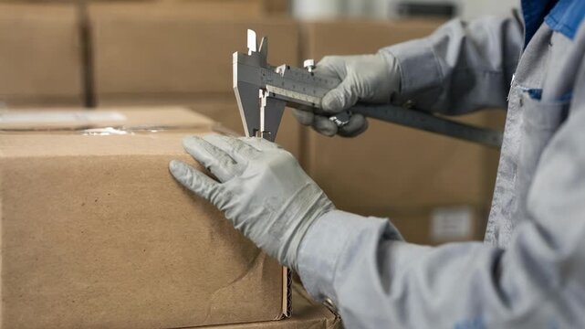 Closeup medium shot of technician measuring carton dimensions with a manual gauge focusing on accuracy and consistency in packaging size standards.