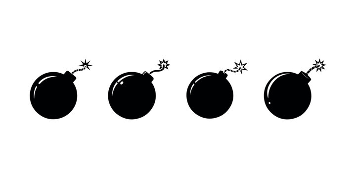 Four black cartoon bombs with burning fuses arranged in a row symbolizing danger explosion threat or time limit warning