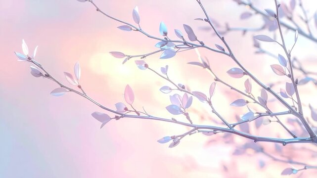 Delicate branches with pale leaves against a soft pink and blue gradient