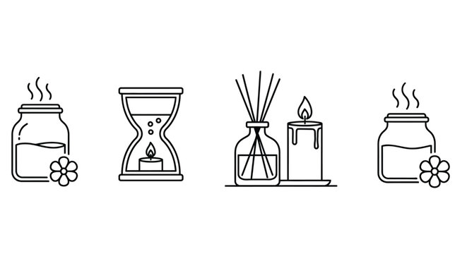 Line art icons depicting various aromatherapy tools including scented jars diffuser and hourglass for spa settings
