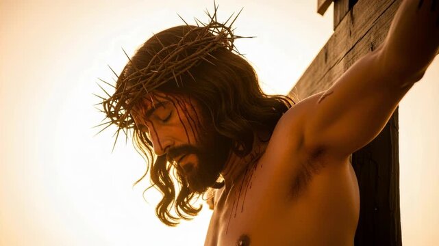 On the cross, wearing a crown of thorns. Jesus Christ suffering on the cross. The religious concept of Good Friday and Easter for spiritual worship.	
