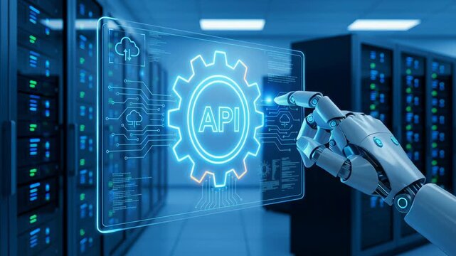 API integration system cloud core SaaS development autonomous task AI technology concept with robot hand pointing futuristic digital interface advanced innovation platform