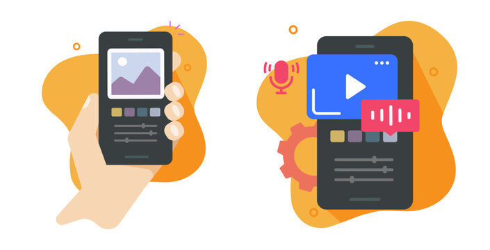 Mobile video editor icon vector, photo image content creation on smartphone phone modern graphic illustration design, social media vlog blogger software, movie recording cellphone app on screen
