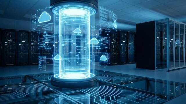 Cloud api integration system with ai core and autonomous saas development task for data center server room digital technology hologram and futuristic digital interface management