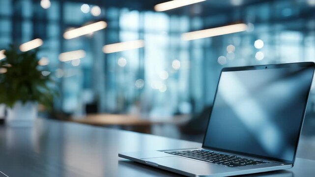 Modern laptop computer on a sleek office desk in a contemporary workspace with large glass windows and blurred cityscape background. Bright lighting creates a professional atmosphere