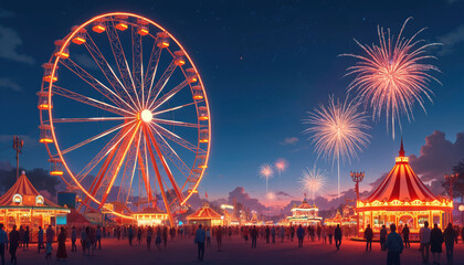 Brightly lit Ferris wheel and carousel at night carnival. People gather under fireworks display. Festive amusement park glows with colorful lights and summer celebration attractions.