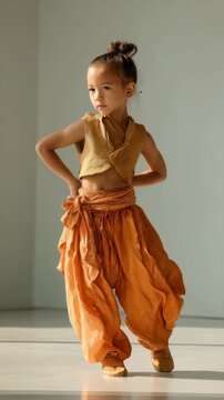 Confident young girl in stylish orange harem pants and sleeveless top poses gracefully in natural sunlight. Modern fashion and cultural inspiration blend in this vibrant portrait