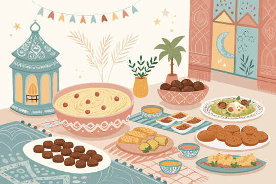 Depicting Ramadan Feast Scene With Traditional Middle Easte Crisp Creative Visual