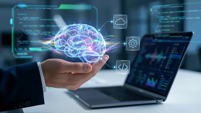 AI integration system with cloud API core supports autonomous task, SaaS development for advanced technology digital transformation and software solutions visualized by holographic brain with laptop