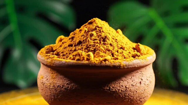 Turmeric powder in a rustic clay bowl with natural background, spice concept for healthy cooking and herbal medicine