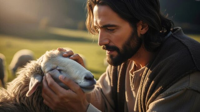 Jesus holds a gentle lamb, symbolizing Jesus as the Good Shepherd. A Christian concept for religious education, Easter, or faith-based messaging.	
