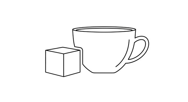 Coffee cup and sugar cube line art icon, simple illustration, isolated on white background