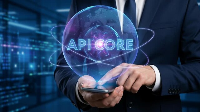 API core integration system with AI cloud autonomous task management for SaaS development on mobile phone showcasing digital globe and technology in business concept