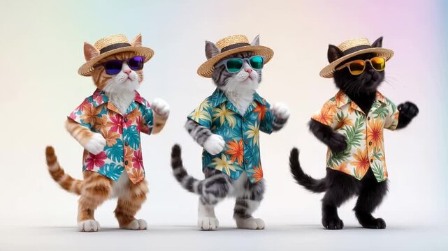 Three funny cats wearing straw hats, colorful Hawaiian shirts and sunglasses dancing on hind legs. Anthropomorphic summer party concept isolated on white background.