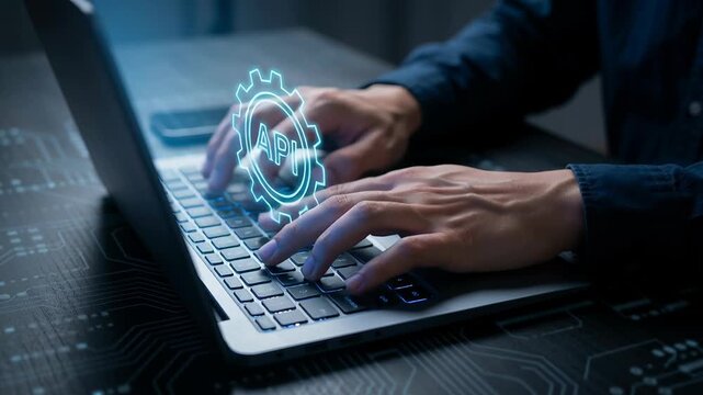 Api integration system cloud saas development core autonomous task ai technology software programming concept with hands typing on laptop keyboard and digital gear icon