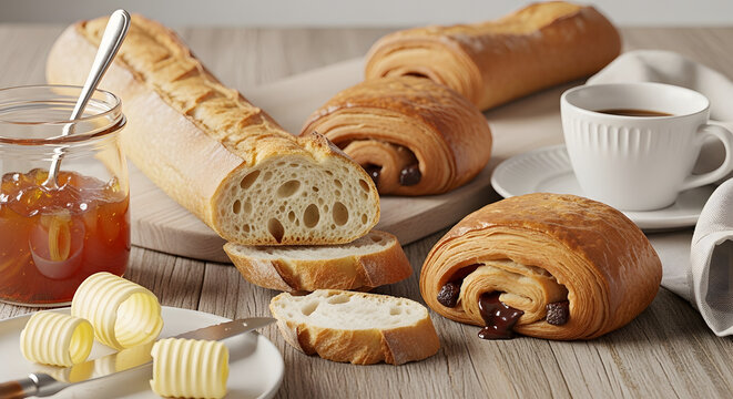 French Breakfast with Baguette, Pain au Chocolat, and Coffee