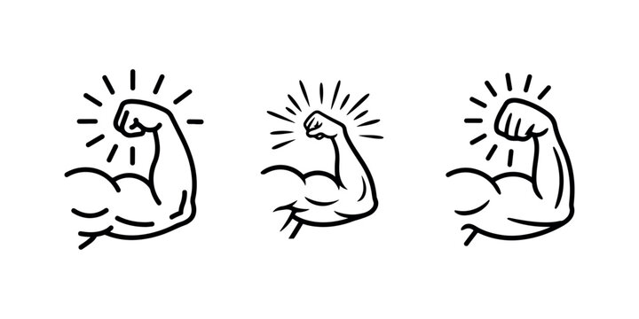 Flexing arm with muscle icon set, strength and power symbol in thin line art style, strong bicep sign collection for fitness