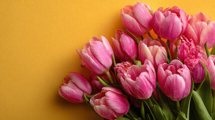 Obraz premium A bright bouquet of pink tulips with green stems on a yellow background