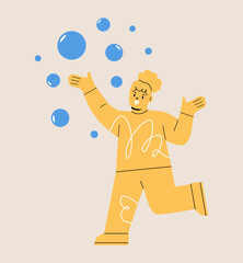 Fototapeta premium Girl playing with soap bubbles. Colorful vector illustration