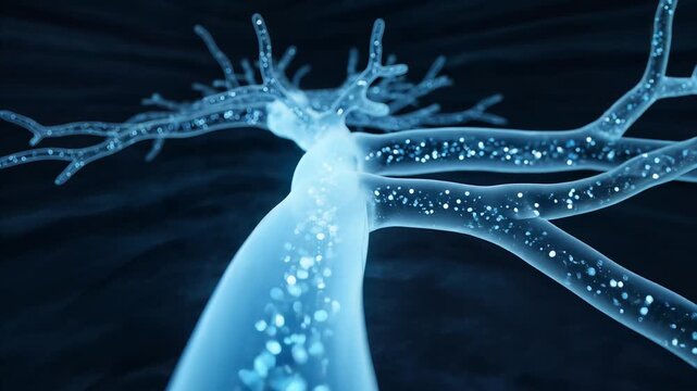 Neuron cells with glowing blue synapses and neural connections, seamless loop animation, representing neurological activity and brain function, symbolizing cognitive processes