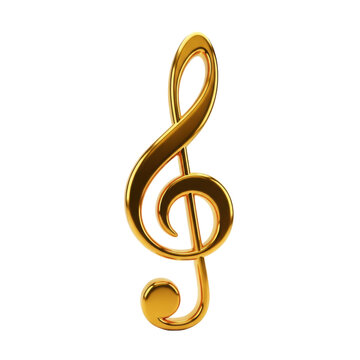 solitary, monumental 3d sculpture of a g-clef (treble clef) crafted from polished, flawless liquid gold metal, set against a transparent studio background with generous copy space, concept of