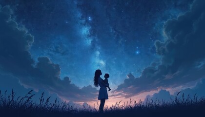 Fototapeta premium Mother holds baby looking at starry night sky. Silhouette figures stand in grass field. Clouds drift under Milky Way galaxy. Gentle twilight hues blend with deep blue.