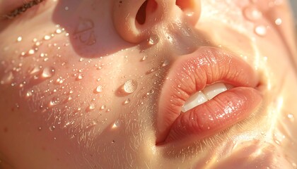 Fototapeta premium ia generated. Water Droplets on Glowing Healthy Skin. Macro close-up of glowing skin with water droplets under natural light. Concept of skincare, hydration and beauty routine.