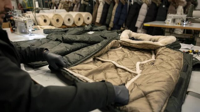 Workers skillfully insert quilted insulation layers into winter coat shells enhancing warmth and texture for stylish coldweather outerwear production.