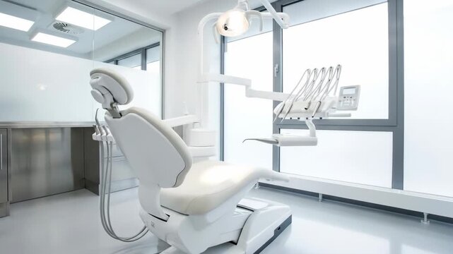 Modern dental clinic interior showing a sterile dentist chair, various dental instruments, and medical equipment in a clean, contemporary healthcare environment