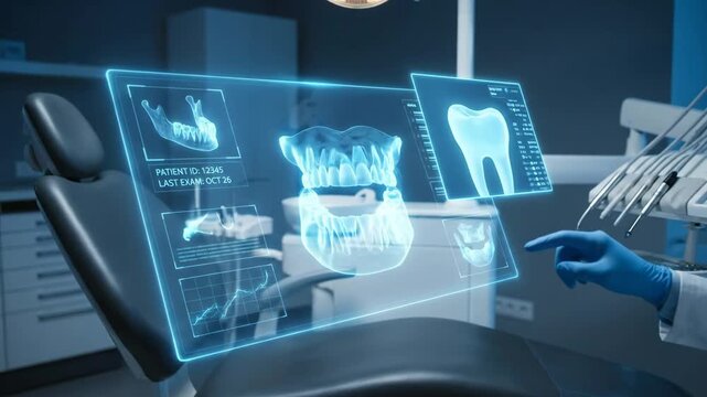 Dentist reviewing patient's digital jaw and teeth x-ray on an interactive holographic screen, showcasing advanced technology in a futuristic dental clinic