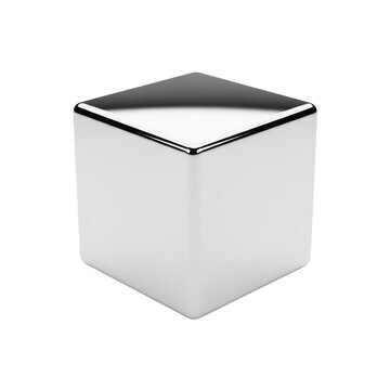 a flawless, highly polished silver chrome cube with mirror-like reflections, macro shot against a transparent background, defined by cinematic rim lighting. concept of ideal geometry and perfect