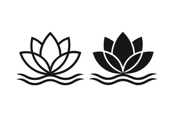 Fototapeta premium Minimalist lotus flower icon set featuring outline and solid black silhouette designs