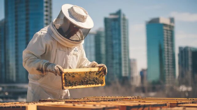 Urban beekeeper in protective suit inspects honeycomb frame on rooftop apiary with modern city skyscrapers in the background. Sustainable beekeeping practices thrive in urban environments