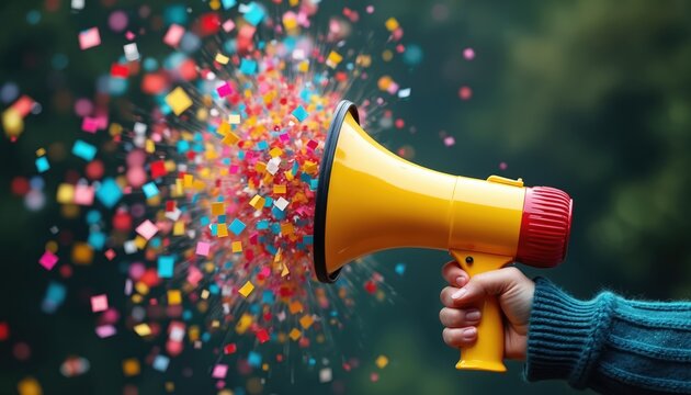 Yellow megaphone shoots colorful confetti. Hand holds device emitting festive explosion of paper squares. Celebratory announcement party fun energy communication.
