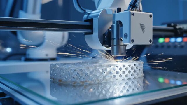 3D printer creating mesh structure with glowing laser and sparks, additive manufacturing process in a laboratory setting