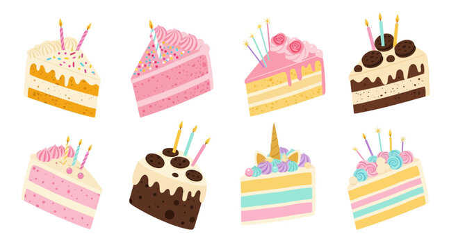 Collection of colorful assorted birthday cake slices with lit candles