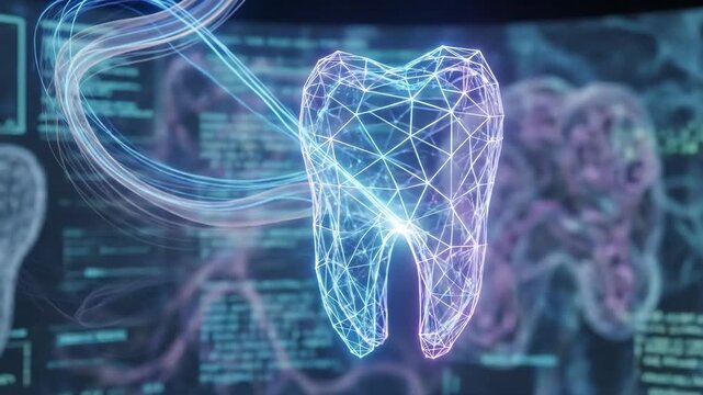 Glowing wireframe tooth against medical data screens, symbolizing ai-driven dentistry, advanced diagnostics and futuristic oral health technology in a blue-purple cyber network backdrop