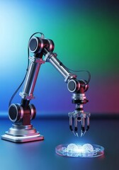 Obraz premium Advanced robotic manipulator fusing industrial power with medical precision. Futuristic technology used for complex laboratory tasks and biomedical innovation, chrome, cleanroom, operation