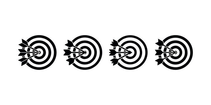 Target with arrow icon set. accuracy and business goal symbol. dartboard with multiple arrows hitting bullseye. aim or success vector sign