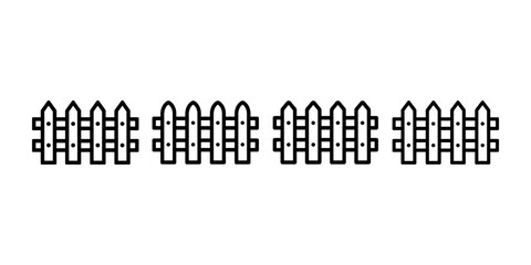 Set of four simple picket fence segment outlines in a row on a white background. four identical fence sections with pointed tops are evenly spaced
