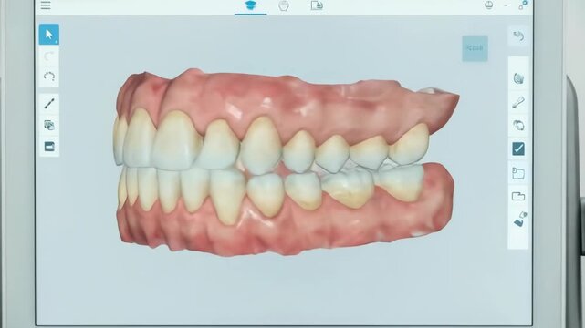 Intraoral scanner device displaying a detailed 3d digital model of a patient's teeth and gums on a monitor for modern dentistry and orthodontics planning
