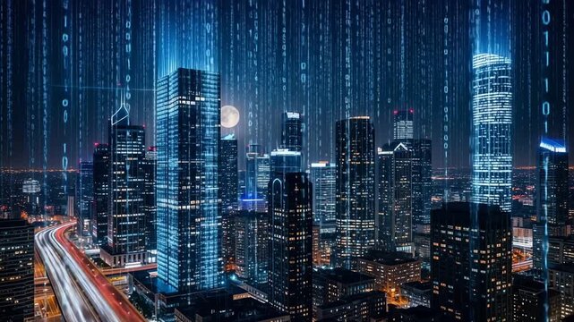 Dynamic aerial view of illuminated city skyscrapers at night with flowing binary code data streams and glowing highway lights.