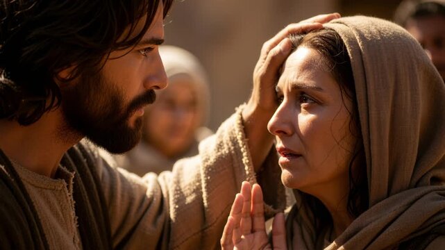 Jesus lays his hands on a sick woman in prayer or request for healing. A biblical scene depicting faith, compassion, and divine intervention. Divine blessing.	
