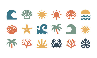 Summer beach icon pack with seashell starfish palm and coral vector illustration, easily editable.