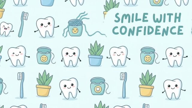 Cartoon characters showing cute teeth, toothbrushes, and dental floss containers creating a seamless pattern, with text smile with confidence promoting oral care and healthy habits